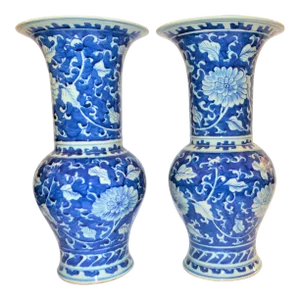 Contemporary Chinoiserie Blue and White Phoenix Tail Porcelain Vases - a Pair