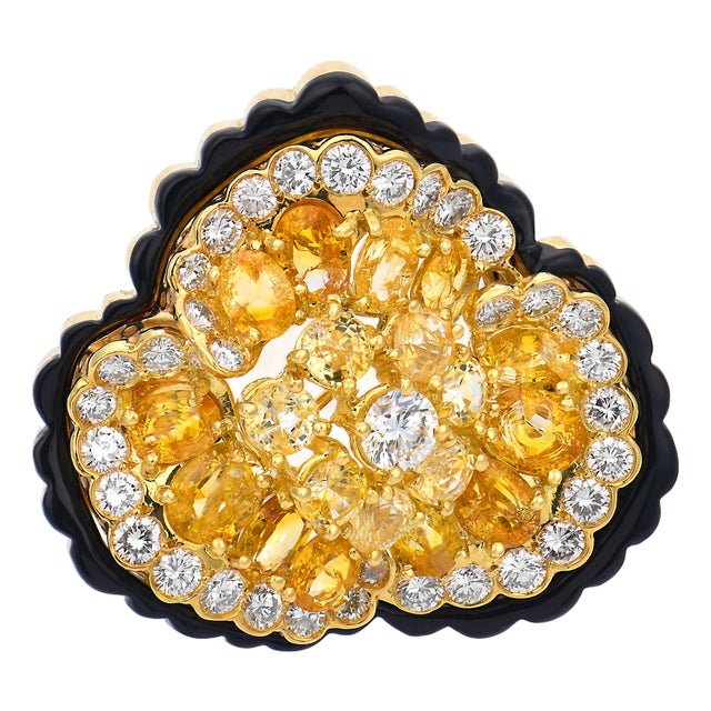 Mid 20th Century Lugano 11.10 Carat Diamond Yellow Sapphire 18k Yellow Gold Enamel Flower Brooch For Sale