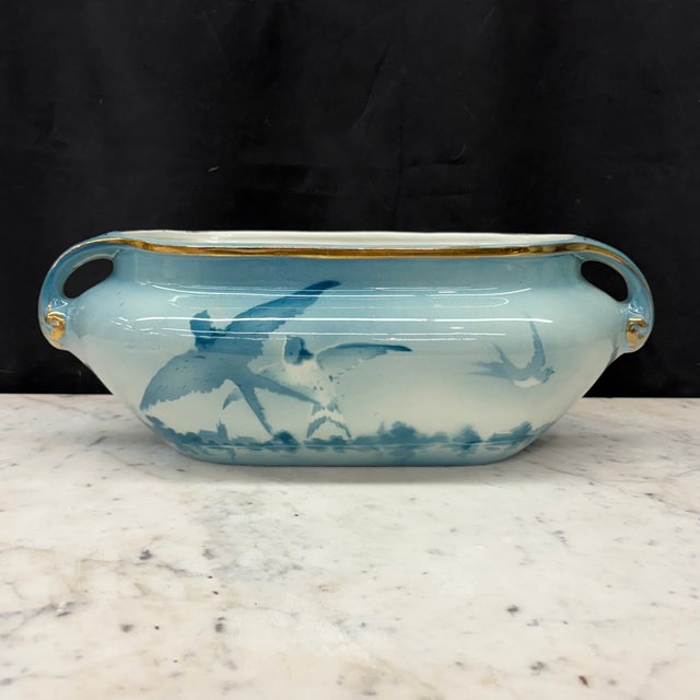 Blue 19th Century French Faience Three-Piece Vase and Jardinière Set With Swallows by Keller and Guerin For Sale - Image 8 of 16