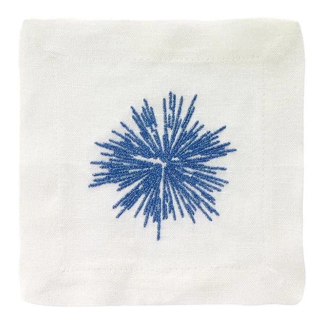 Starburst Blue Linen Cocktail Napkins - Set of 4 For Sale