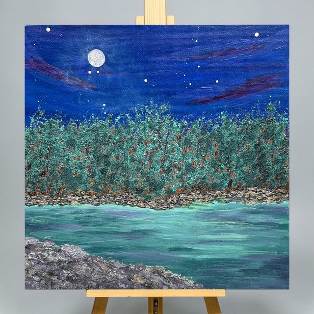 Transform your space with this stunning original acrylic painting. "Moonlit" captures the serene beauty of a moonlit night...