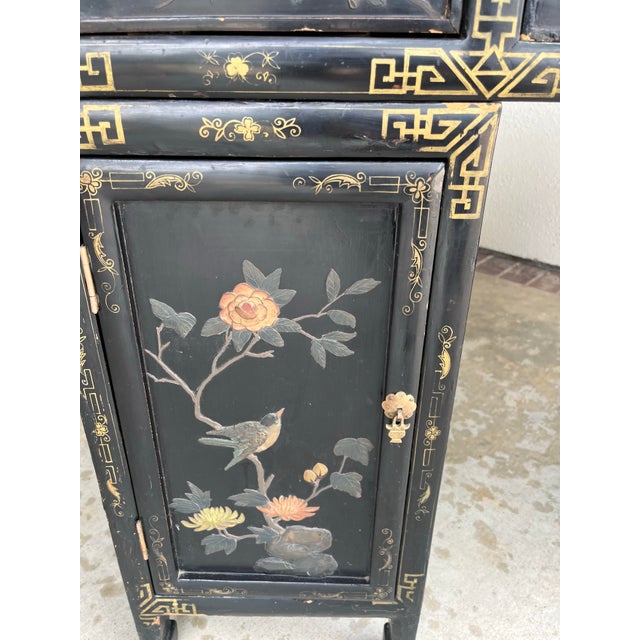 Black 1920s Chinoiserie Three Piece Black Lacquer Desk With Hard-Stone Inlay For Sale - Image 8 of 12