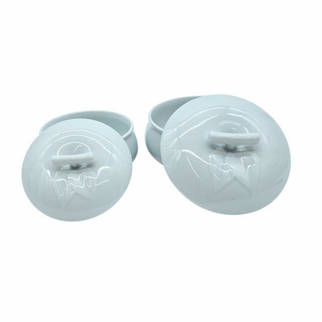 Vintage Korean Celadon Blue Serving Bowls Set W/ Lids Grapes Leaf Pattern 2 Pc For Sale - Image 4 of 10