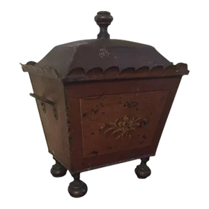 Antique 19th Century English Regency Faux Bois Paint Decorated Tole Coal Hod for the Fireplace
