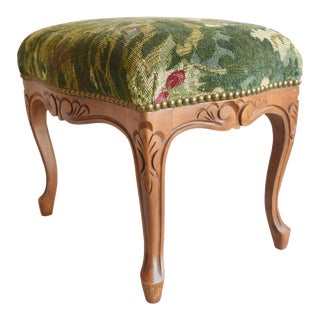 Vintage Carved Wooden Italian Scalamandré Fabric Upholstered Bench Stool For Sale