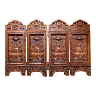 Vintage Carved Boxwood Four-Panel Miniature Folding Screen - Deities & Calligraphy For Sale