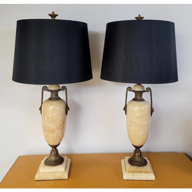 Mid 20th Century Mid 20th Century Italian Regency Onyx and Brass Lionhead Table Lamps - a Pair For Sale - Image 5 of 10
