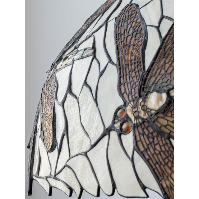 Vintage Art Nouveau Dragonfly Leaded Glass Table Lamp with Bronze Base in the style of Tiffany For Sale - Image 4 of 18