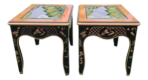 Vintage Chinoiserie Pagoda Scene Black Lacquer Burl Wood Glass Top Asian End Side Tables- a Pair