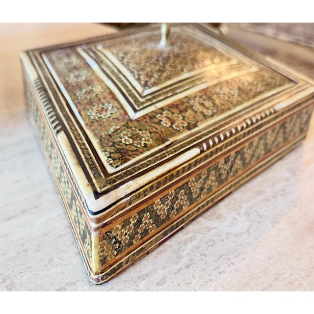 Antique Middle Eastern Marquetry Jewelry Box With Brass Inlay, Circa 1920 For Sale - Image 11 of 13