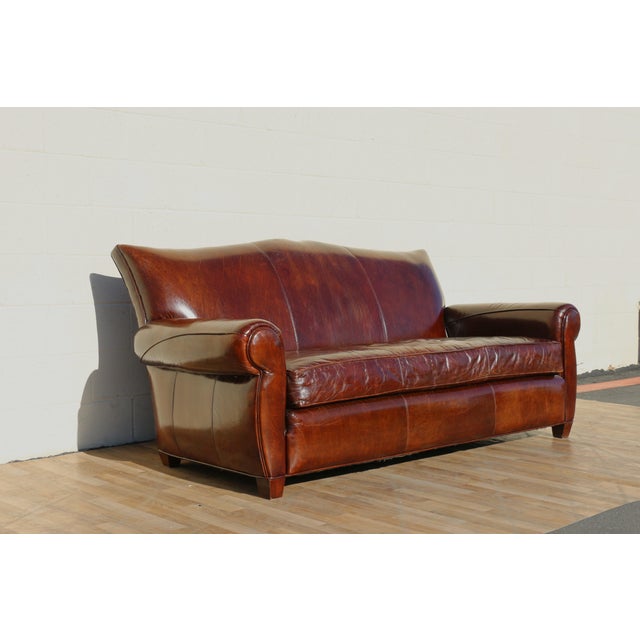 Art Deco Vintage Art Deco Distressed Brown Leather Three-Seat Sofa With Mustache Back For Sale - Image 3 of 18