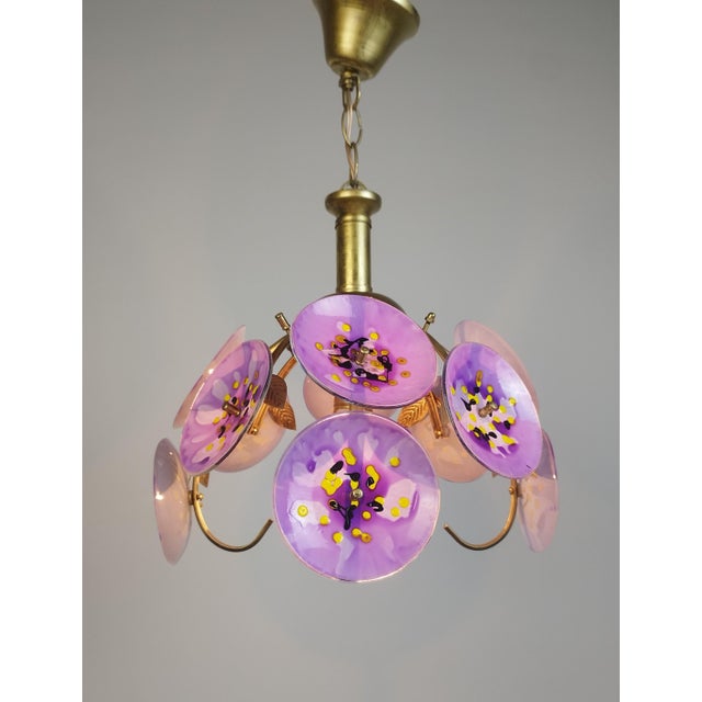 Vintage Floral Glass Chandelier Hand Painted Purple Ceiling Light One of a Kind Statement Lighting For Sale - Image 4 of 11