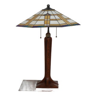 Stickley Slag Glass Arts & Crafts Mission Oak Table Lamp For Sale