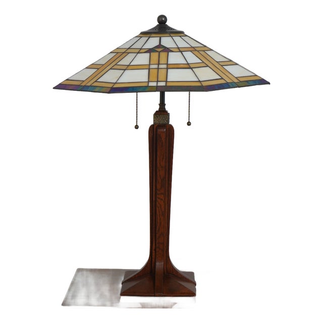 Stickley Slag Glass Arts & Crafts Mission Oak Table Lamp For Sale