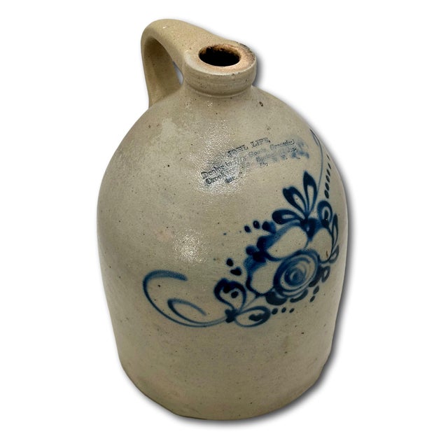 Ceramic Unusual Antique American Blue Flower Decorated 2 Gallon Jug With Otsego New York Stoneware Merchants Name & Info Circa 1870s For Sale - Image 7 of 18
