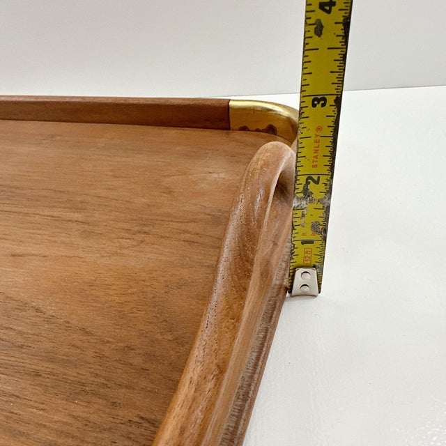Mid Century Modern Good Wood Genuine Teak Serving Tray With Brass Accents | Danish Modern Butler Tray | Vintage For Sale - Image 9 of 10