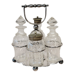 Antique Silverplate and Glass Four Bottle Cruet Set