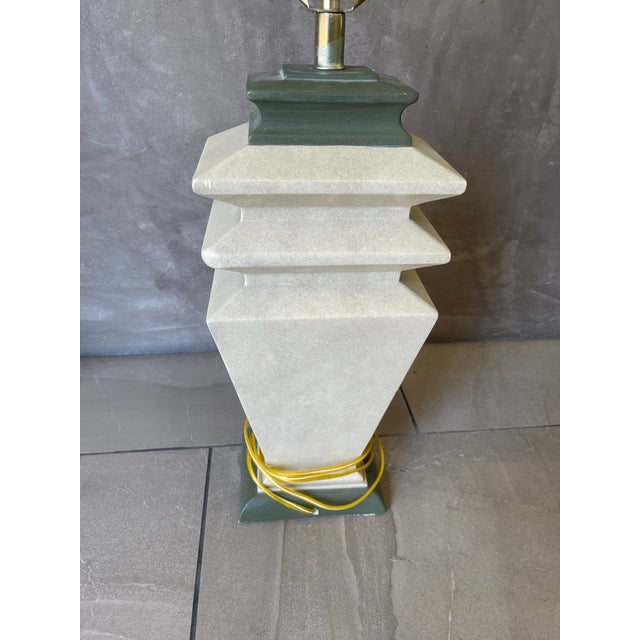 Art Deco 1980s Postmodern Tiered Geometric Plaster Table Lamps W/ Coolie Shades - a Pair For Sale - Image 3 of 12