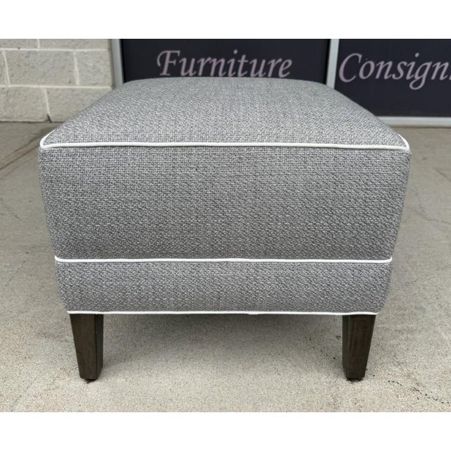 Ethan Allen Gray Upholstered Ottoman With White Piping For Sale In Raleigh - Image 6 of 9