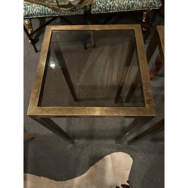 Midcentury Modern Tall Aged Brass & Smokey Glass End Tables or Stands -a Pair For Sale - Image 9 of 11