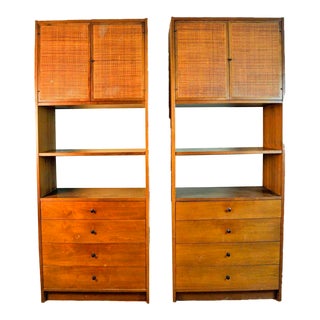 Rare Pair Mid-Century Modern American of Martinsville Walnut and Rattan Bookshelf Cabinets For Sale