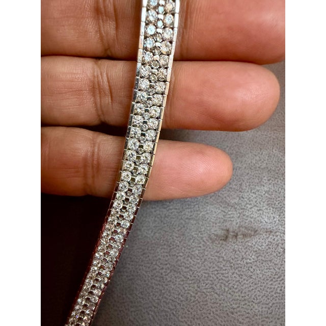 Silver 12 Carats Three Row Brilliant Cut Diamond Tennis Bracelet 14kt White Gold 7.3" For Sale - Image 8 of 8