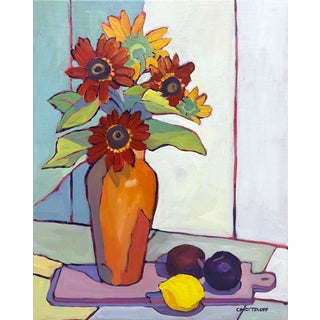 Sunflowers for a Season, Colorful Contemporary Still Life Oil Painting on Canvas For Sale