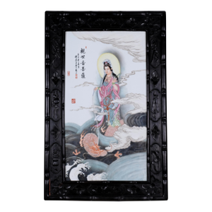 Antique Guanyin Riding Dragon (Kwan Yin) (Quan Yin) Large Hand Painted Porcelain Tile in Carved Black Wooden Framed Excellent Condition