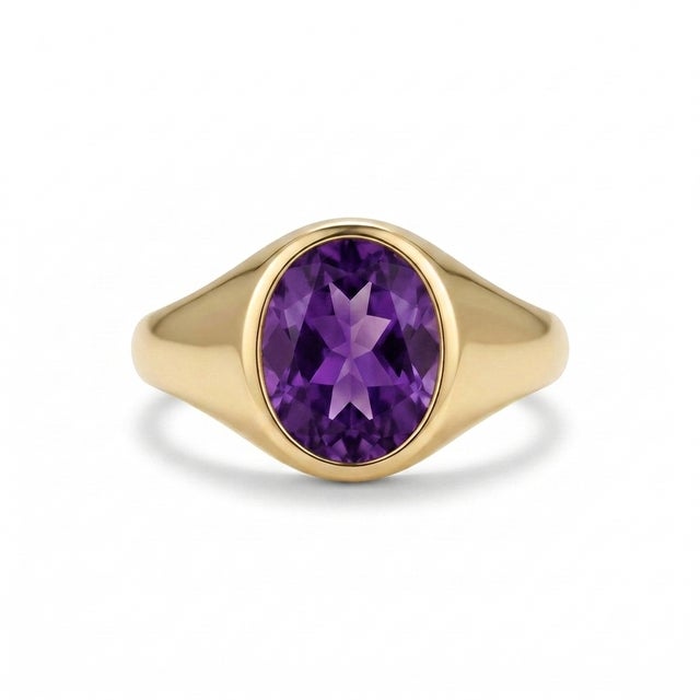 Contemporary Chunky Amethyst Signet Men's Ring | Bezel Setting Thick Band Ring | February Birthstone Ring Us 7 For Sale - Image 3 of 3