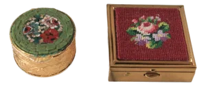 Set of Two Vintage Brass Pill Boxes - Faux Needlepoint - Micro Mosaic