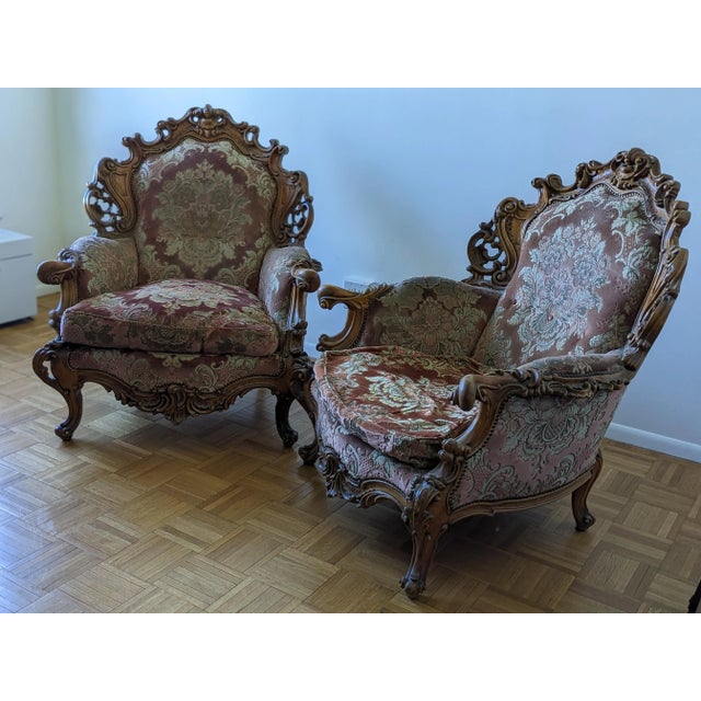 Rococo Pair of Vintage Italian Beautifully Carved Rococo Design Chairs For Sale - Image 3 of 12
