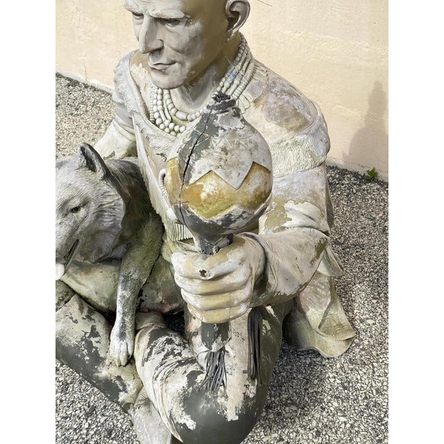 Vintage Life Size Native American Indian Fiberglass Seated Chief and Wolf Statue For Sale In Philadelphia - Image 6 of 12