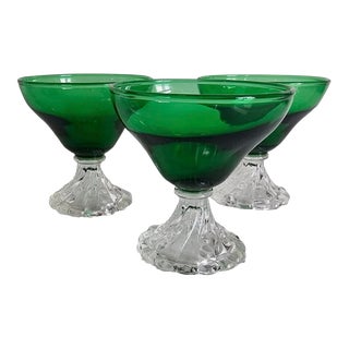 1940s Anchor Hocking Style Burple Boopie Dark Green Coupe Glasses Champagne Sherbet Cups- Set of 3 For Sale