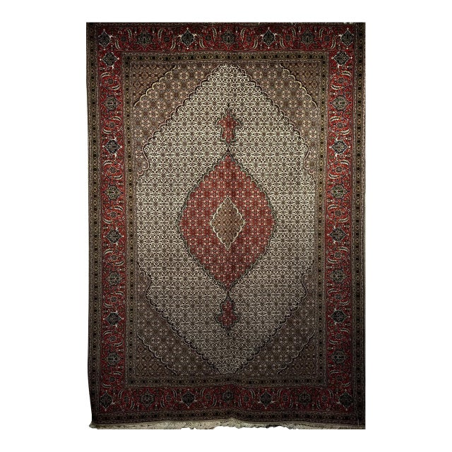 Antique Persian Tabriz Mahi Rug, Hand-Knotted Wool & Silk, Herati Geometric Pattern, Ivory & Red, 7x10 For Sale