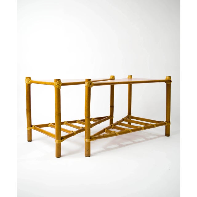 Vintage Geometric rattan, wicker, bamboo and form formica triangle tables. Circa 1960s Dimensions - 21" x 32" x 19"