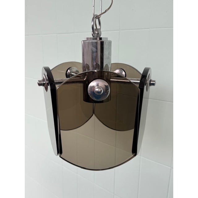 Metal Vintage Italian Pendant Light in Steel and Smoked Glass, 1960s For Sale - Image 7 of 17