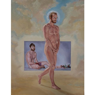 Thru an Open Window... I Saw You by John Tarantola | Oil Painting of two male figures in a surreal setting For Sale