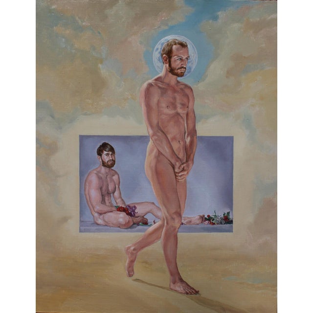 Thru an Open Window... I Saw You by John Tarantola | Oil Painting of two male figures in a surreal setting For Sale