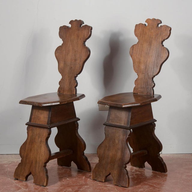 Pair of rustic solid wood stool chairs in renaissance style made in the 20th century measures 30.5 x 47 x h 98 x h seat 51...