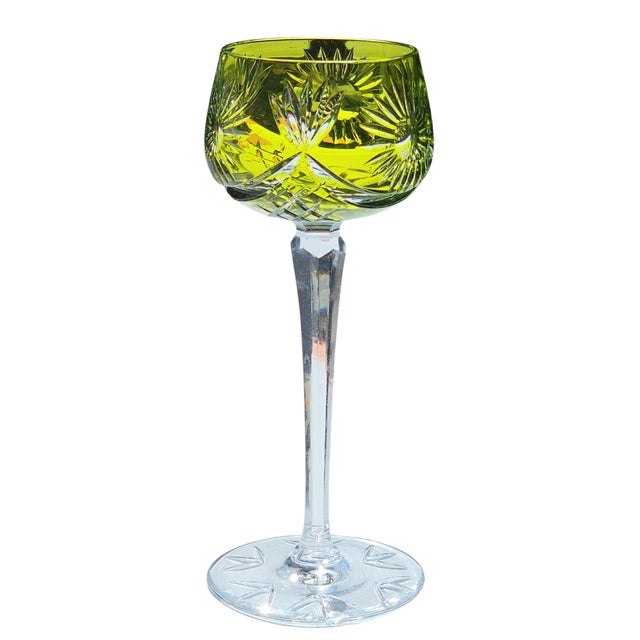 Traditional Exquisite Bohemian Bohemian Lime Green Cut to Clear Wine Glass With Fans Floral Design For Sale - Image 3 of 11