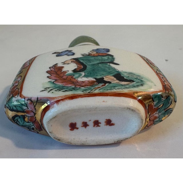 Gemstone Vintage Hand Painted Chinese Porcelain Snuff Bottle With Jade Top For Sale - Image 7 of 7