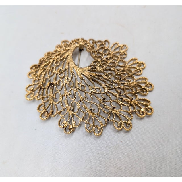 Vintage 1966 Signed Monet Goldtone Filigree Brooch For Sale In Philadelphia - Image 6 of 7