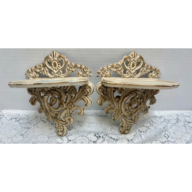 Midcentury 1950s Paris apartment style pair of ornate petite wall scones shelves. Perfect for candles or decorative...