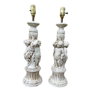 Mid 20th Century Large Vintage Ceramic Putti Cherub Lamps Set of 2 For Sale