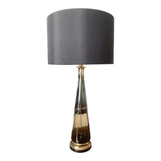1950s Tall Smoky Amber Glass Table Lamp With Brass Base & Black Shade – Newly Rewired For Sale