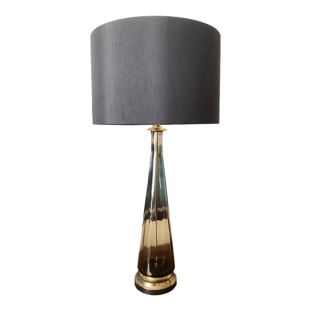 1950s Tall Smoky Amber Glass Table Lamp With Brass Base & Black Shade – Newly Rewired For Sale