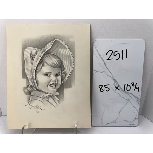 1940s Original Signed Graphite Illustration of Smiling Girl in Bonnet, 10.75 × 8.5 In. For Sale In Atlanta - Image 6 of 6