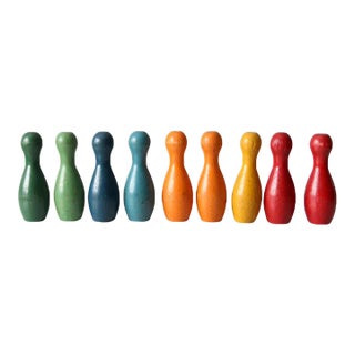 Vintage Colorful Wooden Skittles Tabletop Bowling Game For Sale