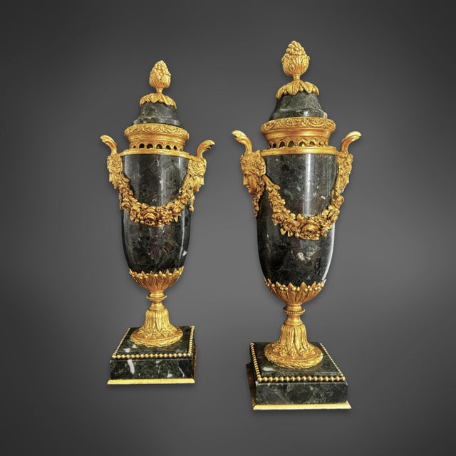 Stone 19th Century Louis XVI Style Green Marble and Gilt Bronze Cassolettes, Set of 2 For Sale - Image 7 of 10