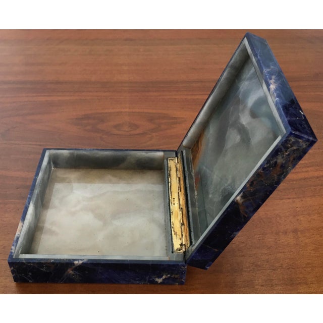 Alabaster Vintage Lapis Lazuli Semi Precious Stone Box With Hinged Lid White Marble or Alabaster Interior. For Sale - Image 8 of 8